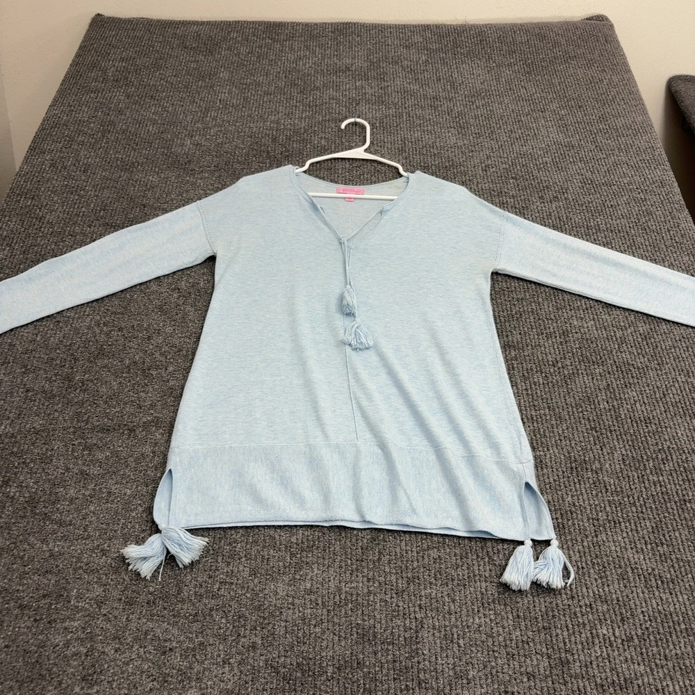 Lilly Pulitzer Sweater Womens S Blue Tassel V Neck Pullover Preppy Coastal